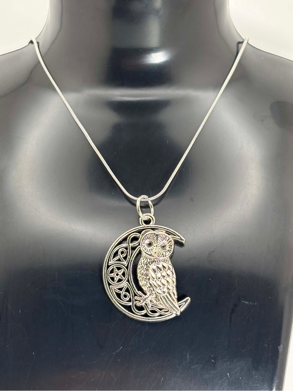 Silver Tone Owl Crescent Moon Necklace on Stainless Steel Chain